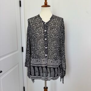 Rene‎ Derhy Top Womens Large Black White Paisley Artsy Boho Peasant Blouse